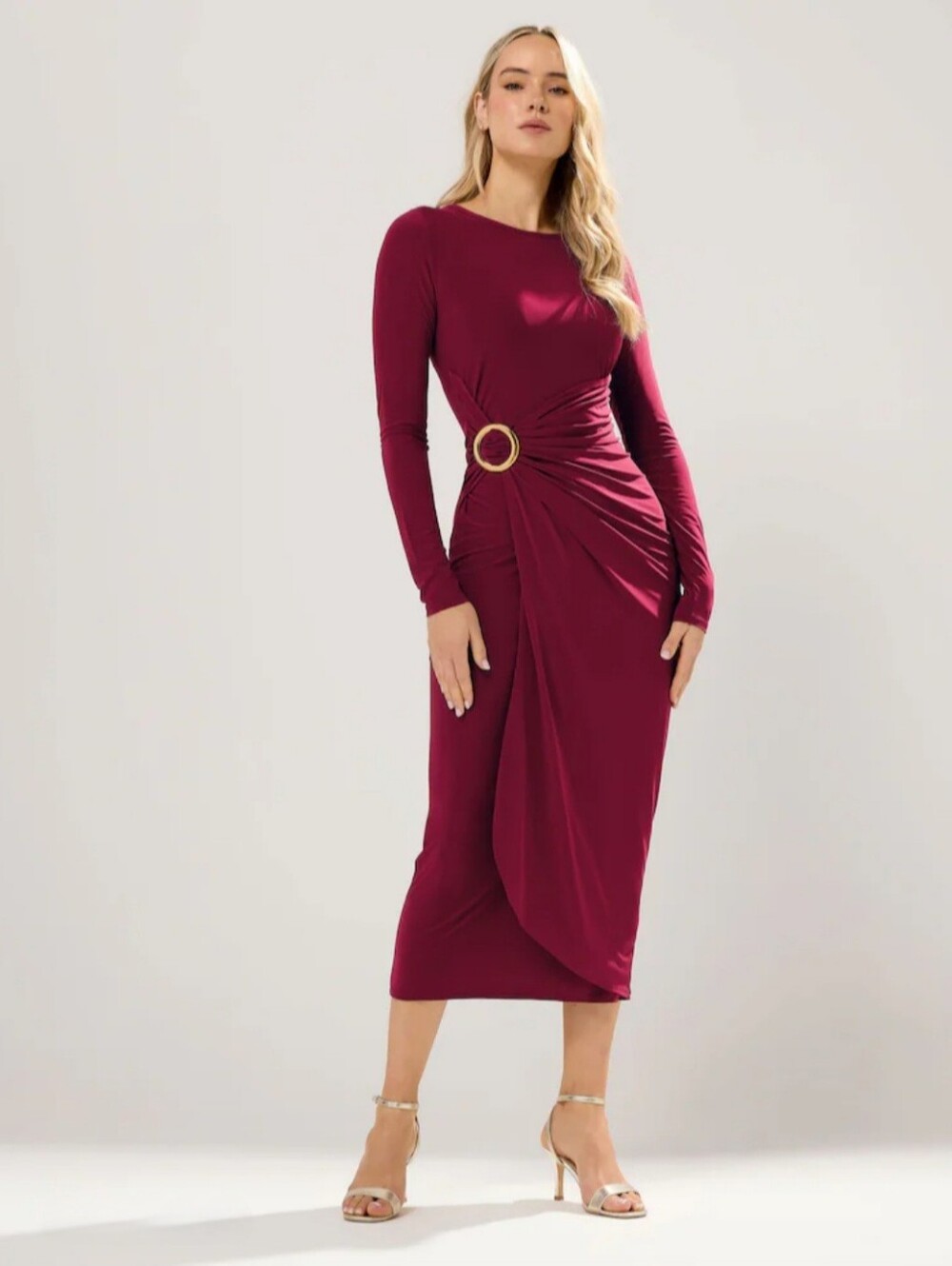 Long Tall Sally Long Sleeve Burgundy Ruched Midi Dress with Gold Ring Sz 12 New